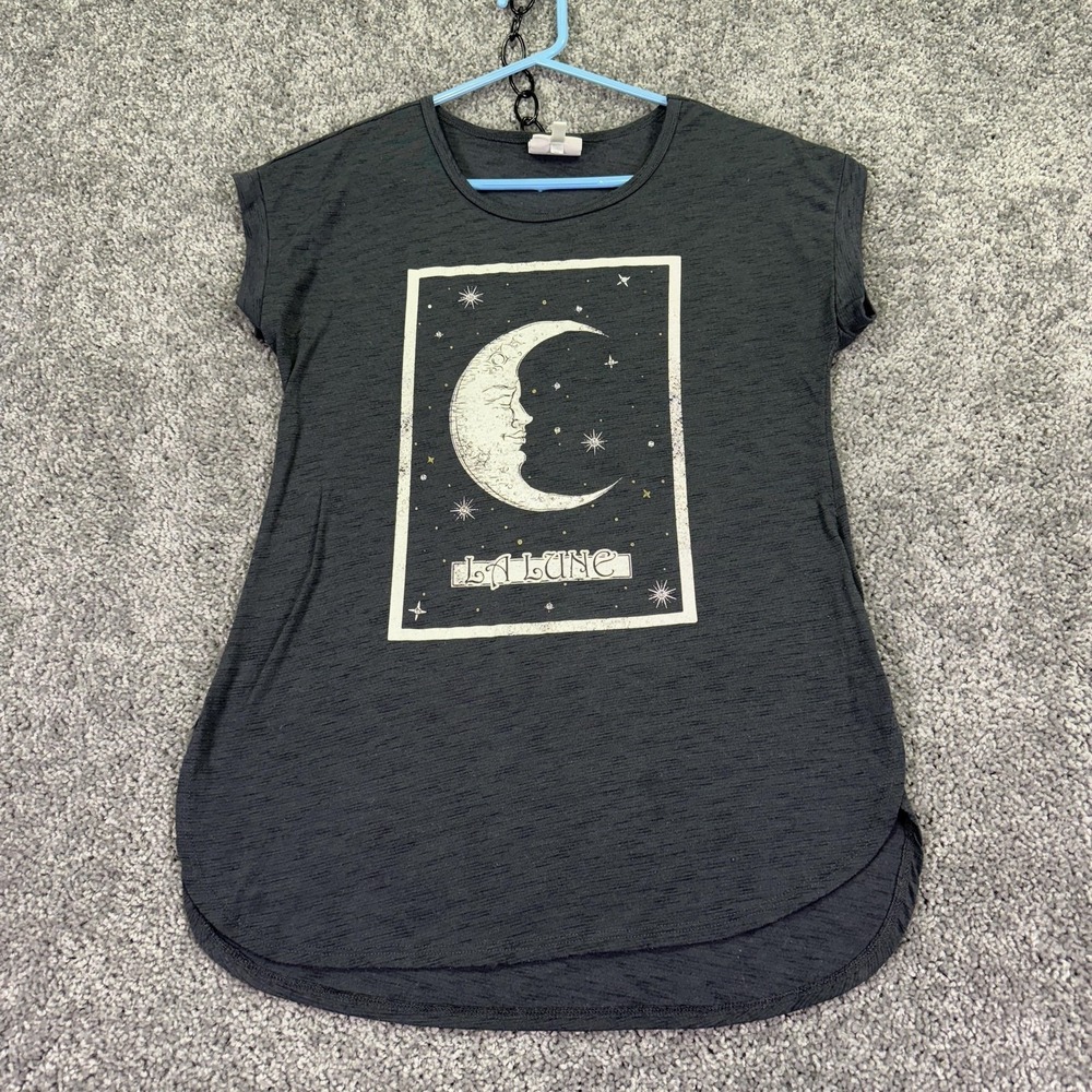 TruSelf La Lune Shirt Womens Small Gray Moon Graphic Short Sleeve Casual Stars